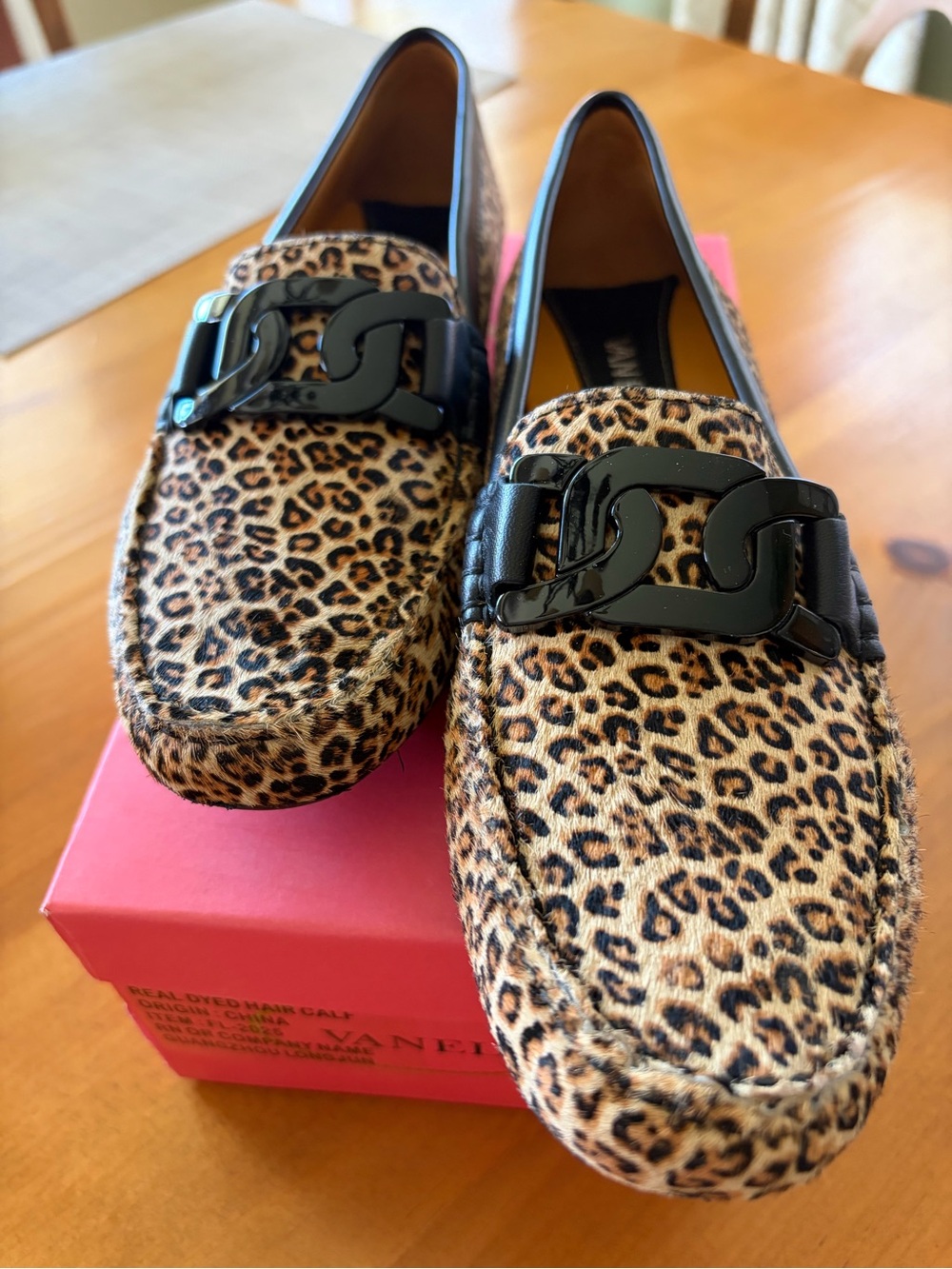 Vaneli Leopard Print Driving Moc Loafers with Black Chain Trim
